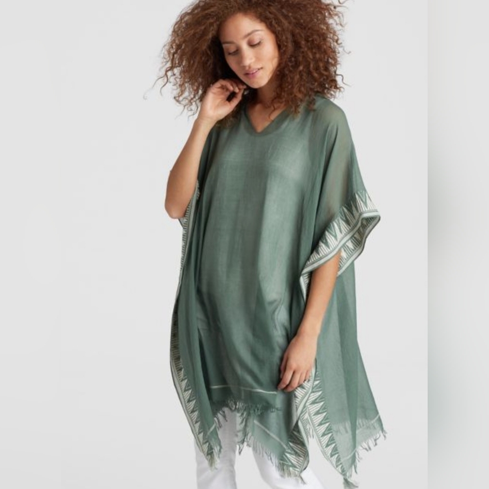 Eileen Fisher Organic Cotton Embroidered Trim Aztec Boho Poncho